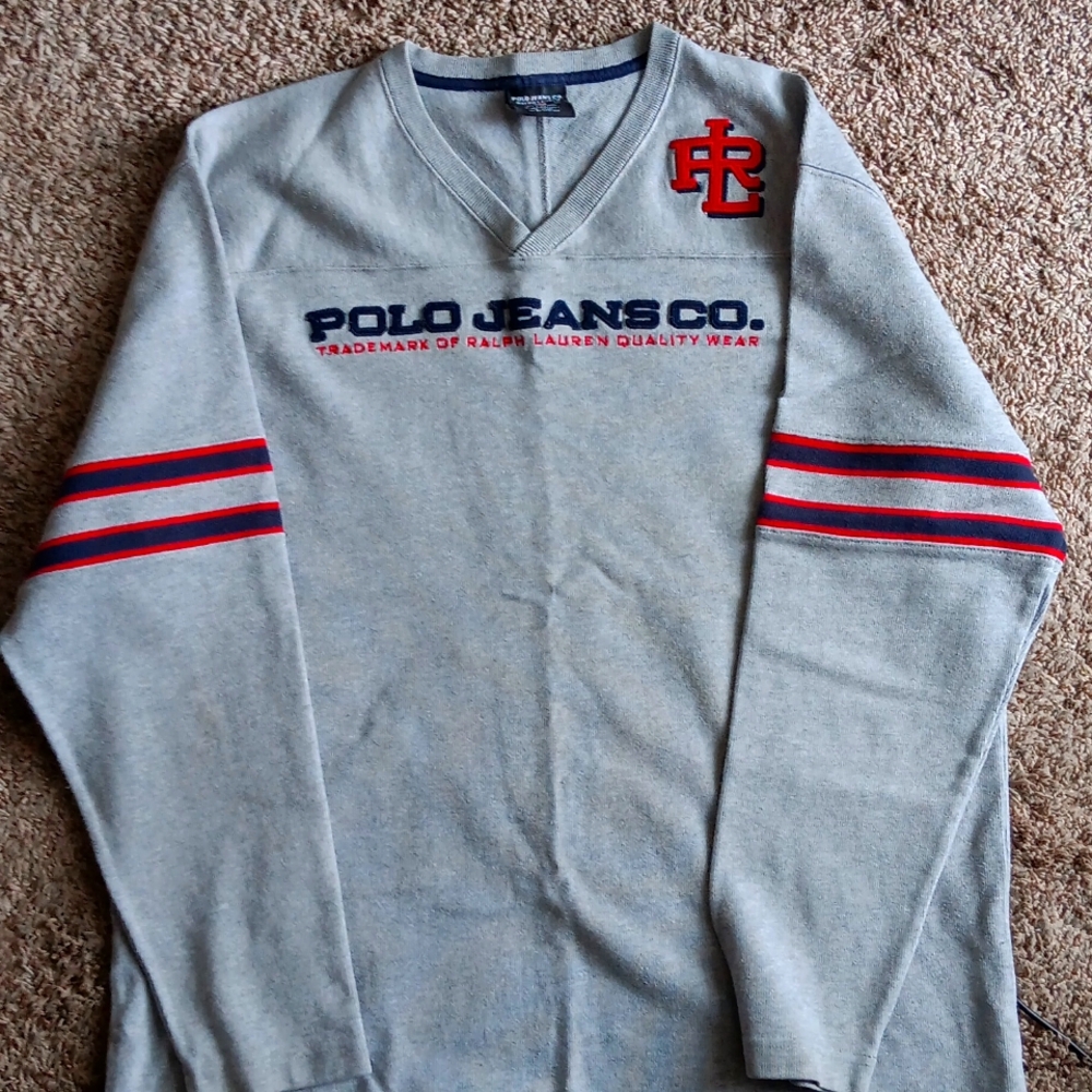 Vintage 90s Polo Jeans Co Ralph Lauren Gray V-Neck Sweatshirt XL